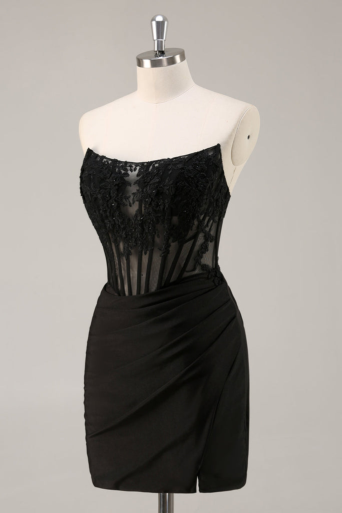 Zapakasa Women Black Corset Short Satin Homecoming Dress with Lace