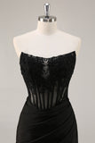 Black Corset Strapless Satin Short Homecoming Dress with Lace