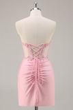 Pink Strapless Bodycon Corset Short Homecoming Dress with Lace