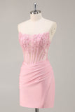 Pink Strapless Bodycon Corset Short Homecoming Dress with Lace