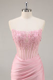 Pink Strapless Bodycon Corset Short Homecoming Dress with Lace