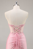 Pink Strapless Bodycon Corset Short Homecoming Dress with Lace