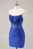 Royal Blue Corset Satin Short Strapless Homecoming Dress with Lace