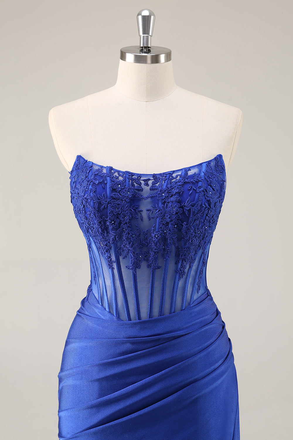 Royal Blue Corset Satin Short Strapless Homecoming Dress with Lace