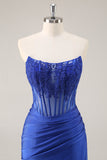 Royal Blue Corset Satin Short Strapless Homecoming Dress with Lace