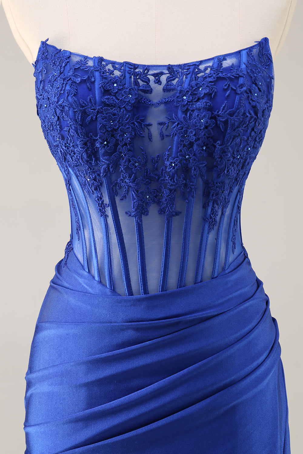 Royal Blue Corset Satin Short Strapless Homecoming Dress with Lace
