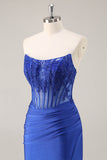 Royal Blue Corset Satin Short Strapless Homecoming Dress with Lace