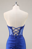 Royal Blue Corset Satin Short Strapless Homecoming Dress with Lace