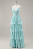 Green Chiffon A Line V-Neck Tiered Long Pleated Prom Dress