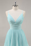 Green Chiffon A Line V-Neck Tiered Long Pleated Prom Dress