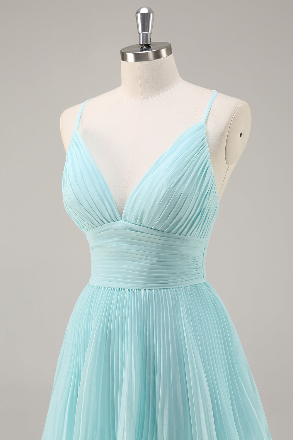Green Chiffon A Line V-Neck Tiered Long Pleated Prom Dress