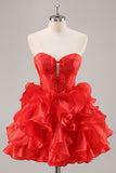 Red Organza Corset Ruffled Short Homecoming Dress with Bows