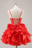 Red Corset Organza Short Ruffled Homecoming Dress with Bows