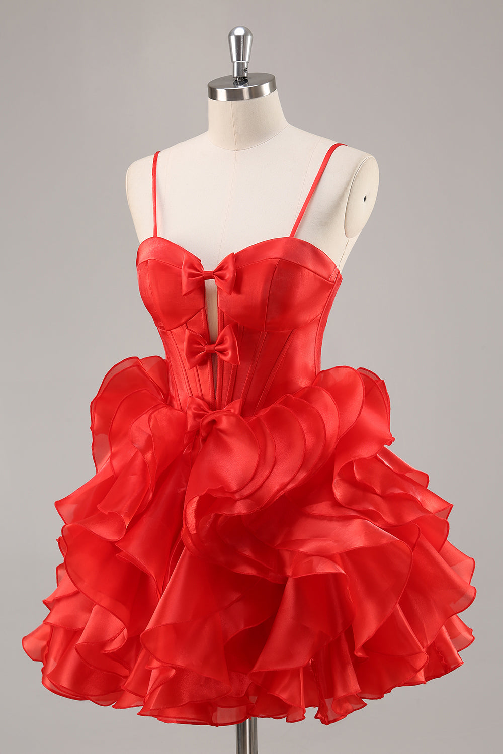Red Organza Corset Ruffled Short Homecoming Dress with Bows