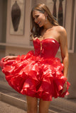 Red Corset Organza Short Ruffled Homecoming Dress with Bows
