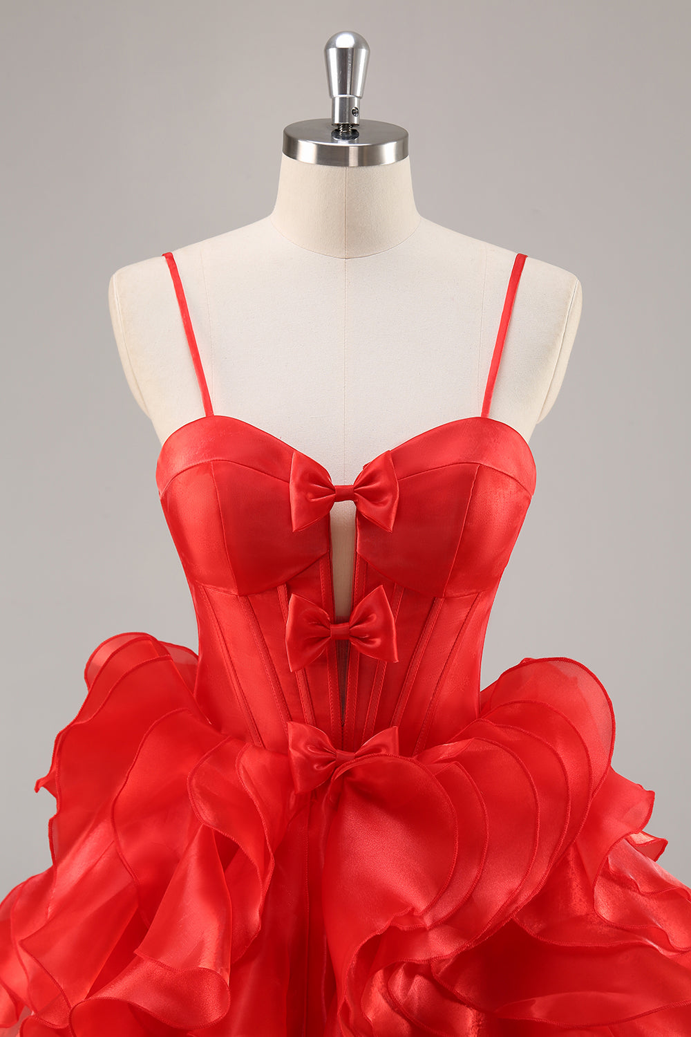 Red Organza Corset Ruffled Short Homecoming Dress with Bows