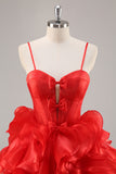 Red Organza Corset Ruffled Short Homecoming Dress with Bows