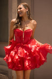 Red Corset Organza Short Ruffled Homecoming Dress with Bows