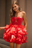 Red Corset Organza Short Ruffled Homecoming Dress with Bows