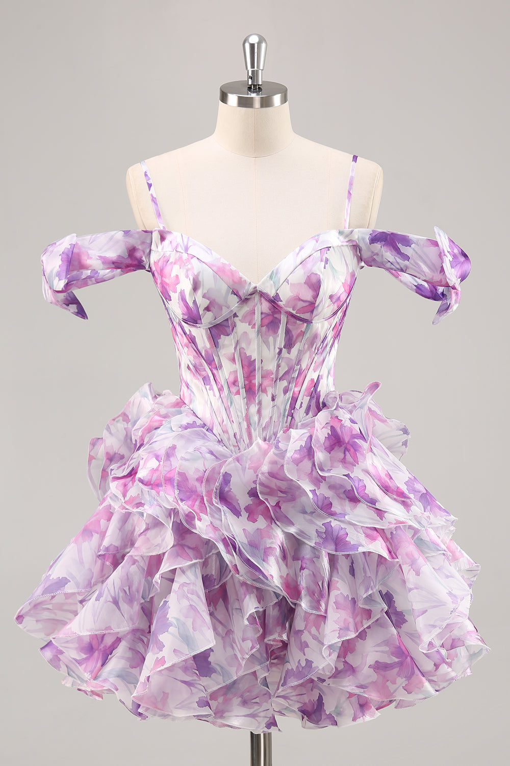 Purple Floral A Line Chiffon Corset Short Homecoming Dress with Ruffles