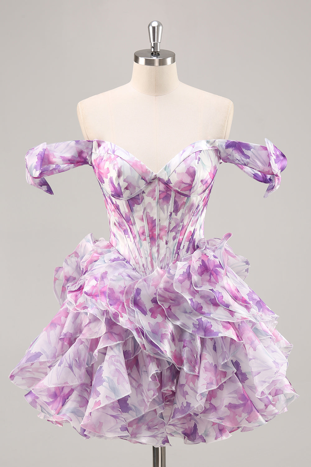 Purple Floral A Line Chiffon Corset Short Homecoming Dress with Ruffles