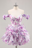 Purple Floral A Line Chiffon Corset Short Homecoming Dress with Ruffles