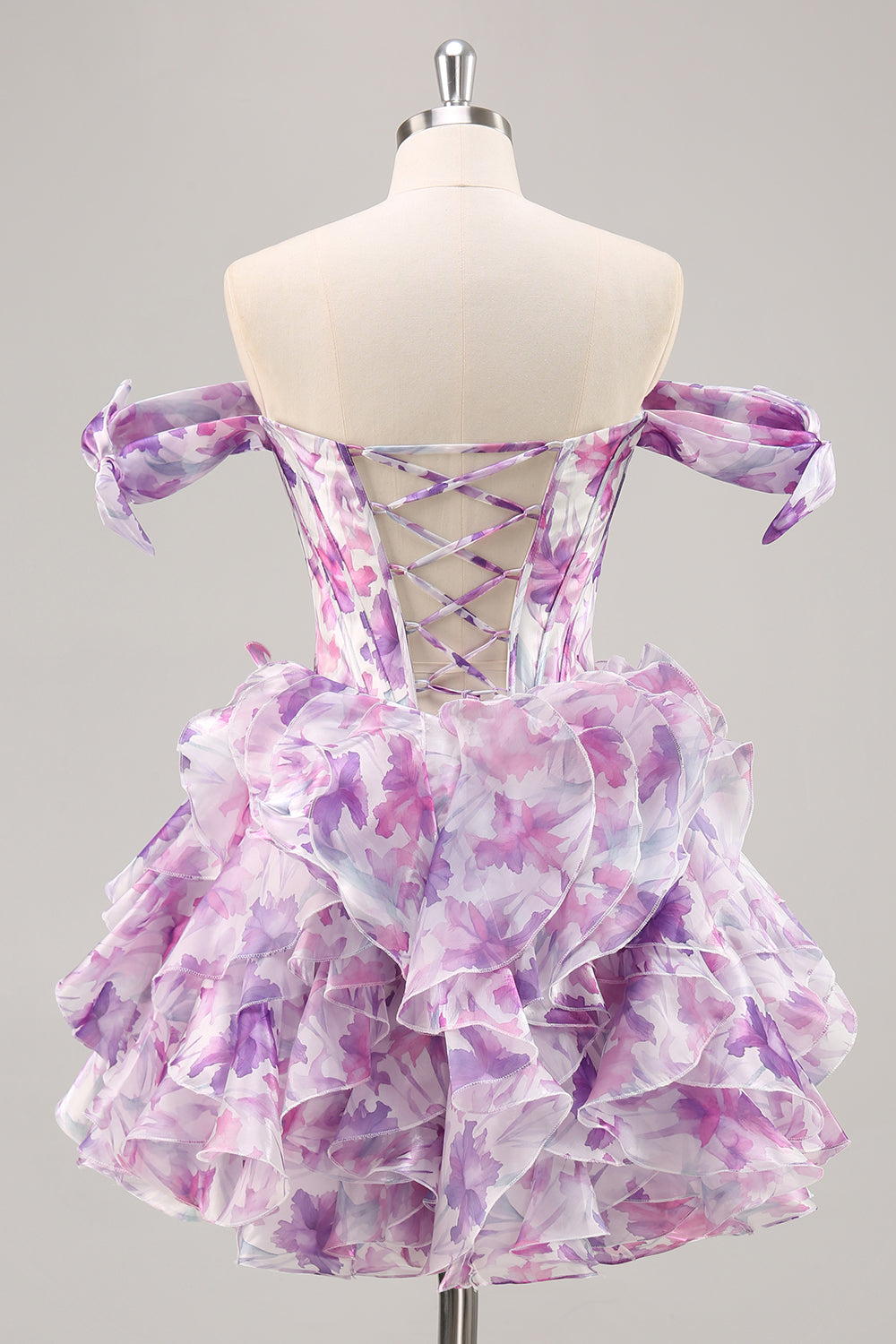 Purple Floral A Line Chiffon Corset Short Homecoming Dress with Ruffles