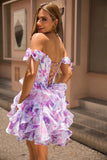 Purple Floral A Line Chiffon Corset Short Homecoming Dress with Ruffles
