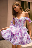 Purple Floral A Line Chiffon Corset Short Homecoming Dress with Ruffles