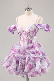 Purple Floral Cold Shoulder Chiffon Corset Short Homecoming Dress