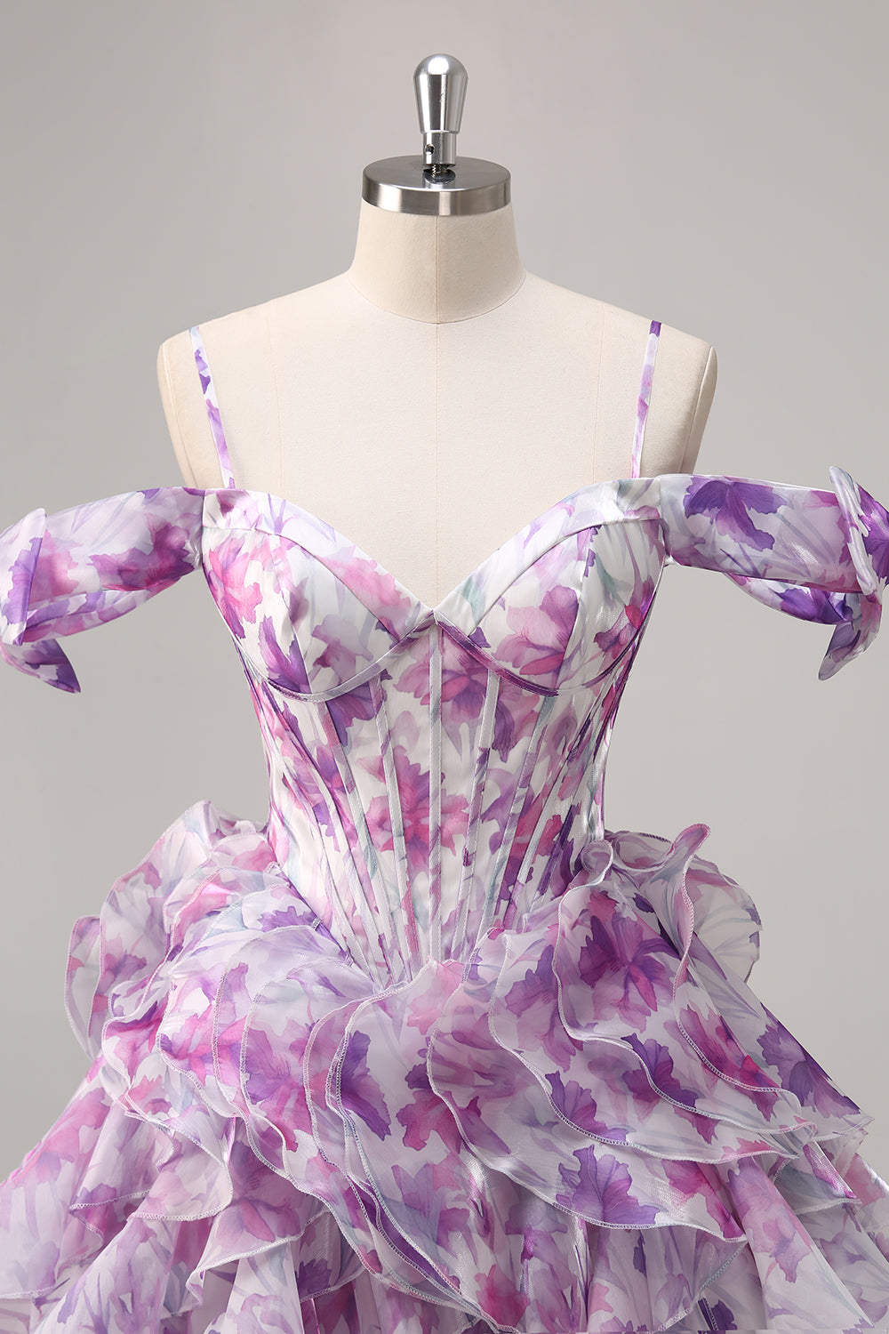 Purple Floral Cold Shoulder Chiffon Corset Short Homecoming Dress