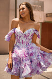 Purple Floral A Line Chiffon Corset Short Homecoming Dress with Ruffles