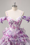 Purple Floral Cold Shoulder Chiffon Corset Short Homecoming Dress