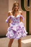 Purple Floral A Line Chiffon Corset Short Homecoming Dress with Ruffles