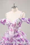 Purple Floral Cold Shoulder Chiffon Corset Short Homecoming Dress