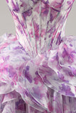Purple Floral Cold Shoulder Chiffon Corset Short Homecoming Dress