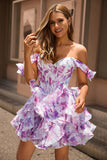 Purple Floral A Line Chiffon Corset Short Homecoming Dress with Ruffles