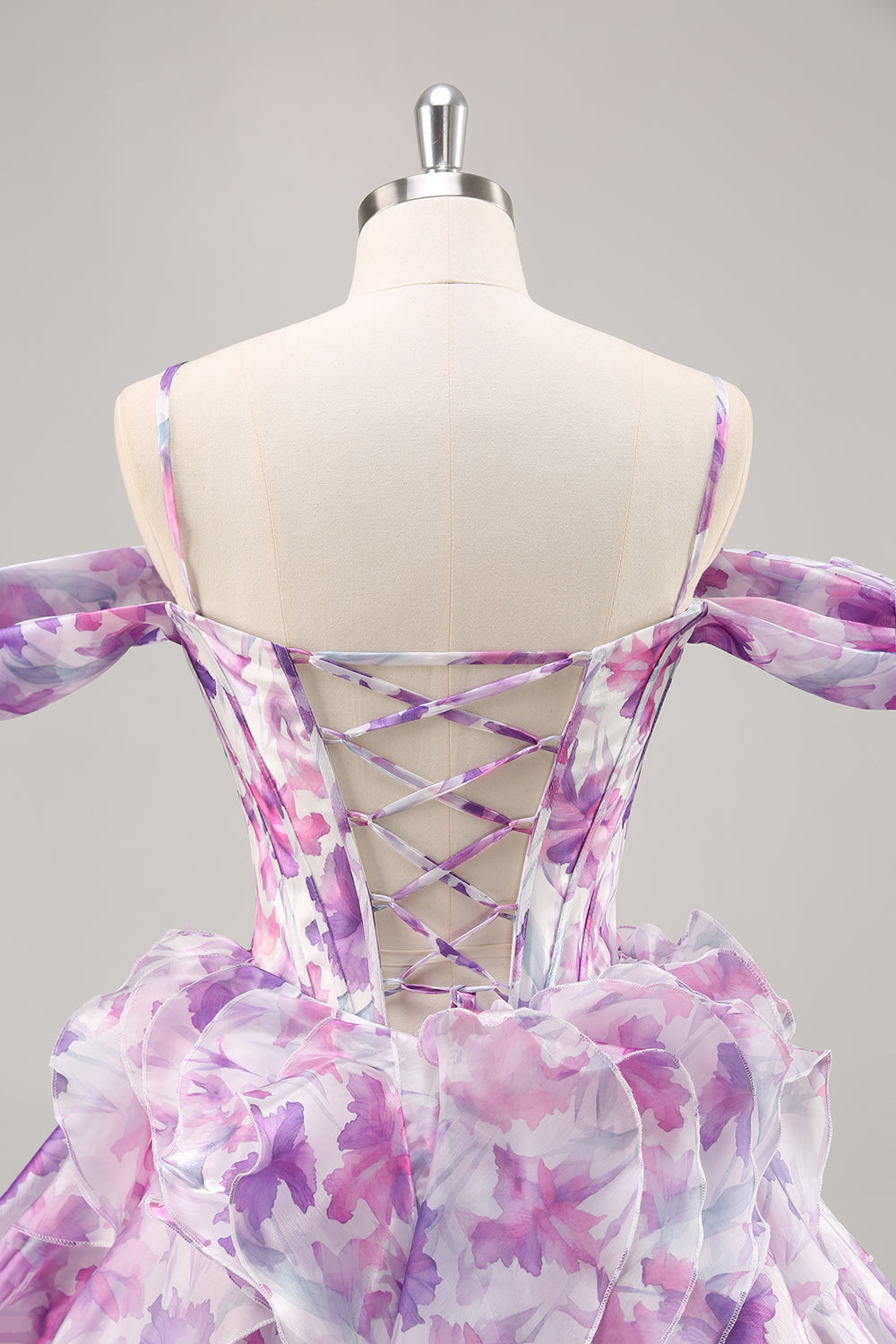 Purple Floral Cold Shoulder Chiffon Corset Short Homecoming Dress