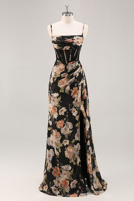 Sparkly Black Floral Corset Beaded Long Bridesmaid Dress with Slit