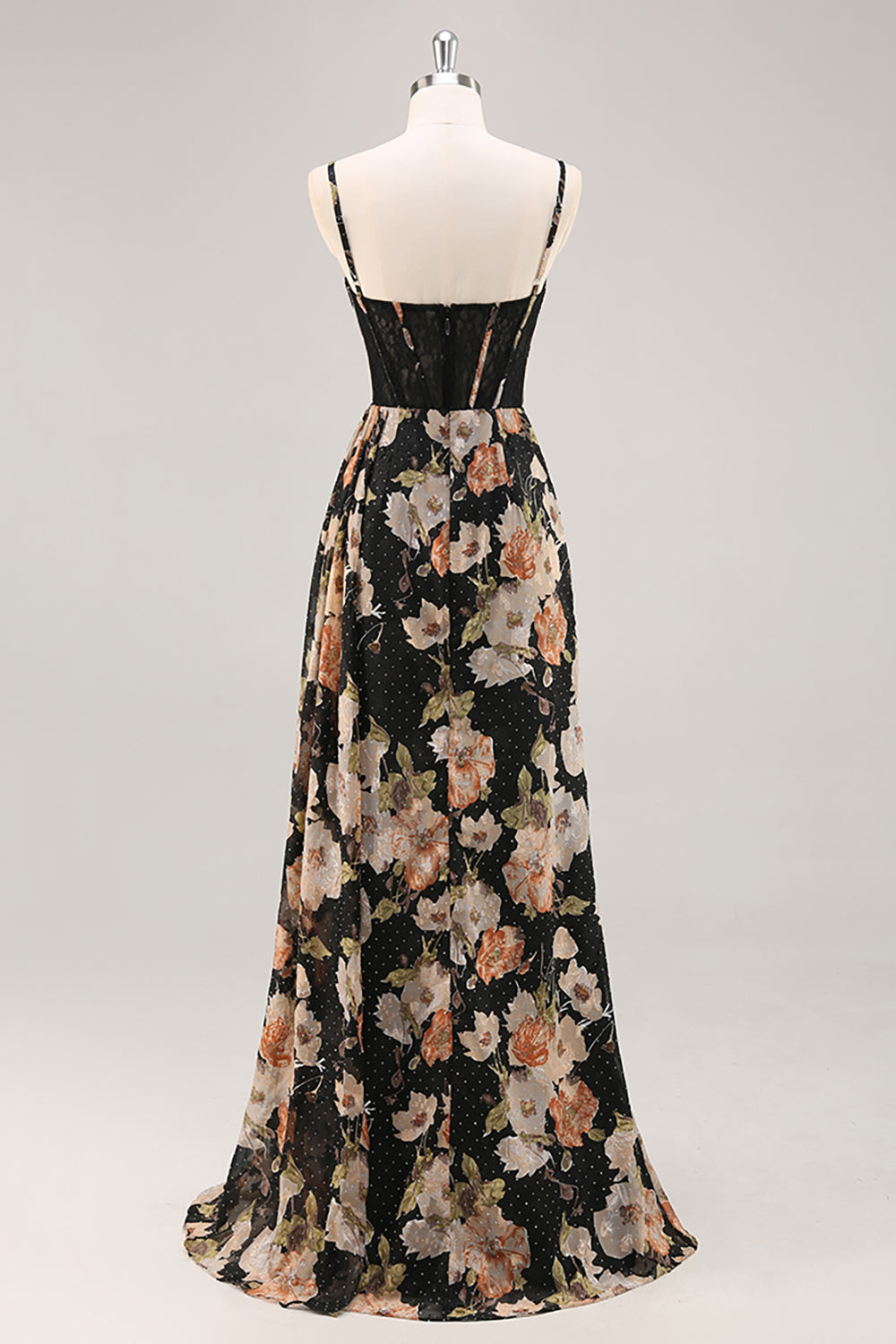 Sparkly Black Floral Corset Beaded Long Bridesmaid Dress with Slit