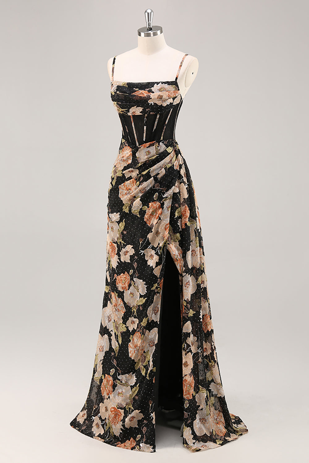 Sparkly Black Floral Corset Beaded Long Bridesmaid Dress with Slit