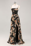 Sparkly Black Floral Corset Beaded Long Bridesmaid Dress with Slit