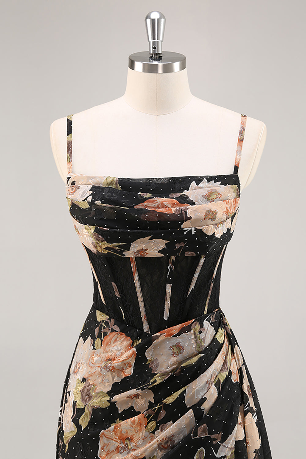 Sparkly Black Floral Corset Beaded Long Bridesmaid Dress with Slit