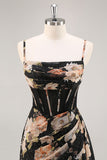 Sparkly Black Floral Corset Beaded Long Bridesmaid Dress with Slit