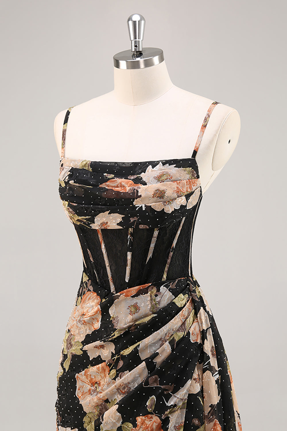 Sparkly Black Floral Corset Beaded Long Bridesmaid Dress with Slit