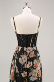 Sparkly Black Floral Corset Beaded Long Bridesmaid Dress with Slit