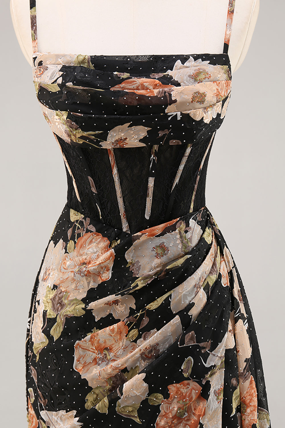 Sparkly Black Floral Corset Beaded Long Bridesmaid Dress with Slit