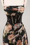 Sparkly Black Floral Corset Beaded Long Bridesmaid Dress with Slit