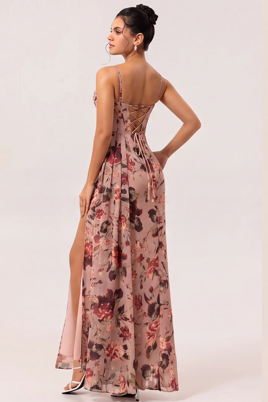 Dusty Rose Floral Corset Chiffon Long Ruched Bridesmaid Dress with Slit