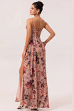 Dusty Rose Floral Corset Chiffon Long Ruched Bridesmaid Dress with Slit